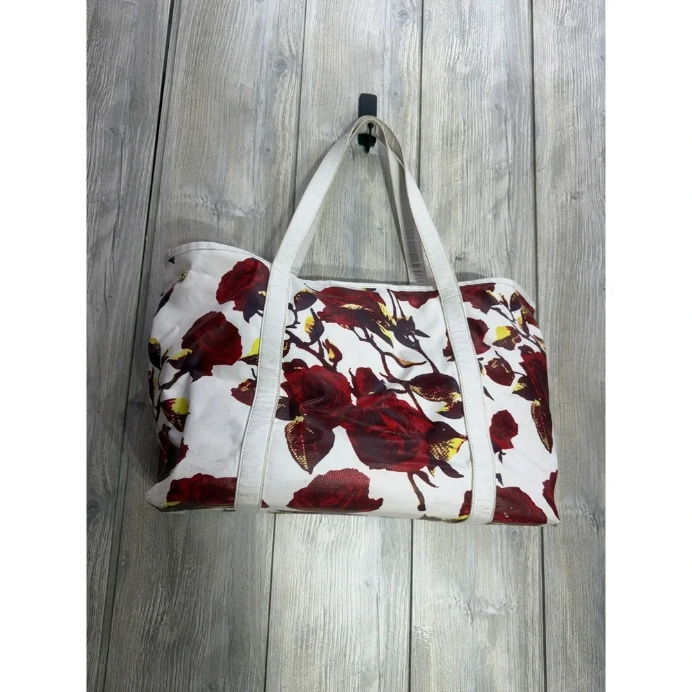 Ieena Duggal White Red Rose Floral Tote Bag Large Gold Hardware Shoulder Bag